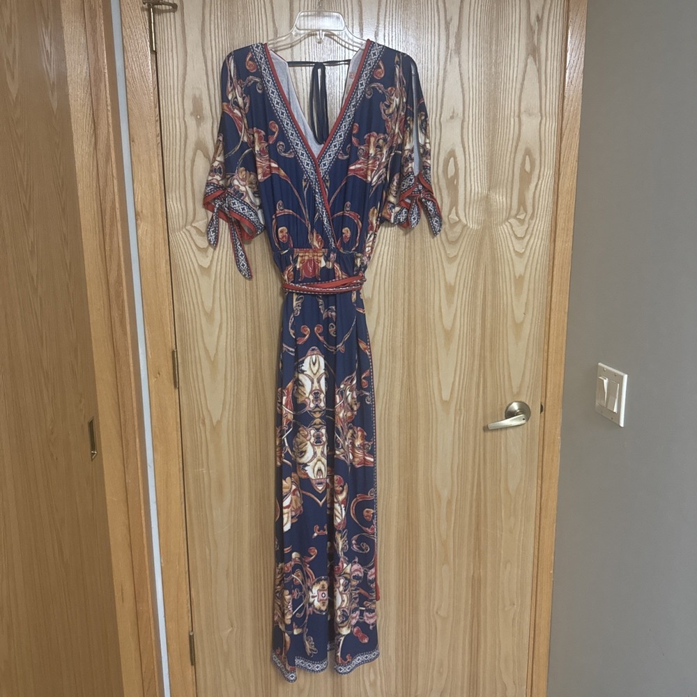 Flying Tomato Bohemian Maxi Dress 1X Multicolor Short Slit Sleeve Tie Back EUC